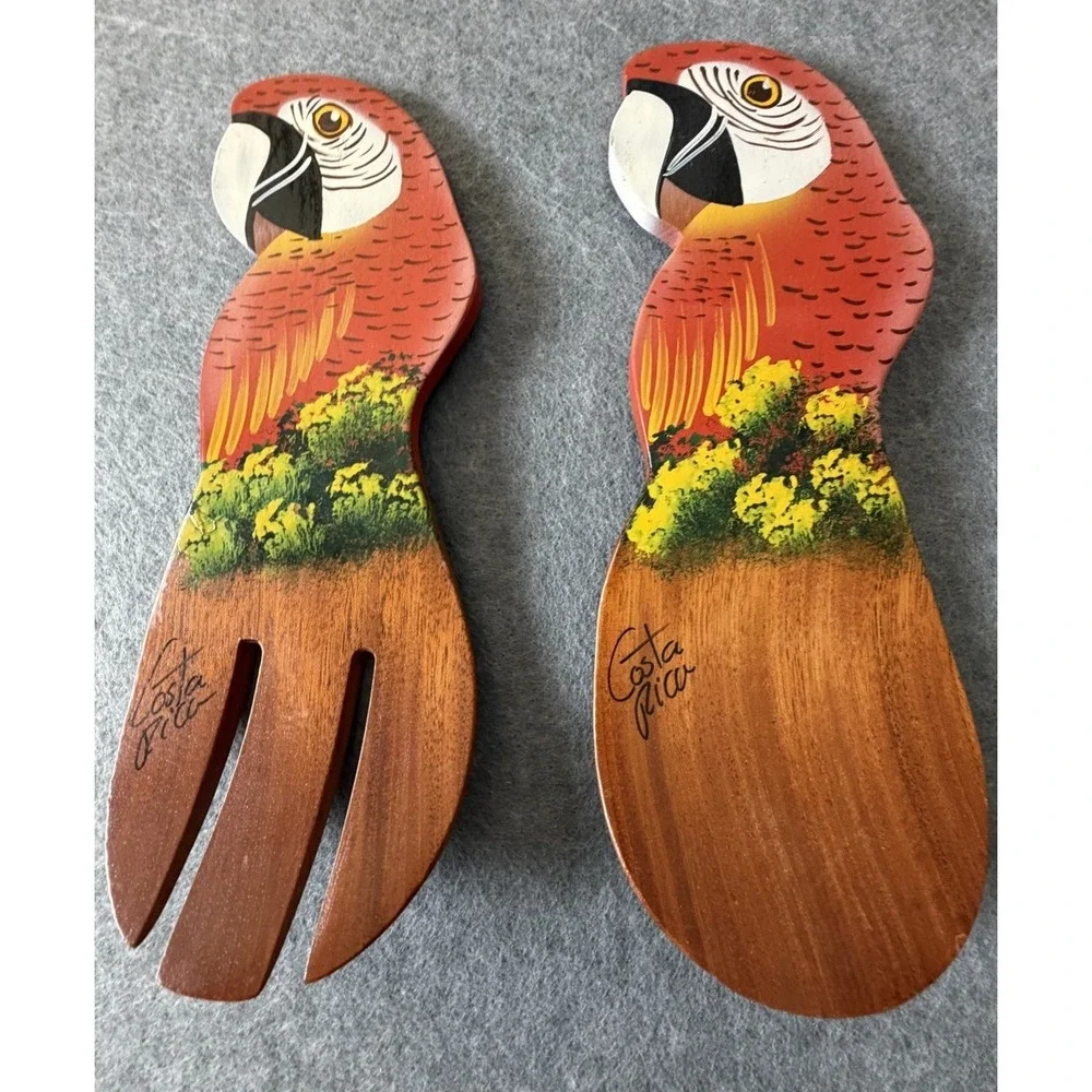 Vacation Tropical Forest Set of (2) Wooden Parrot Salad Servers/Decor Costa Rica